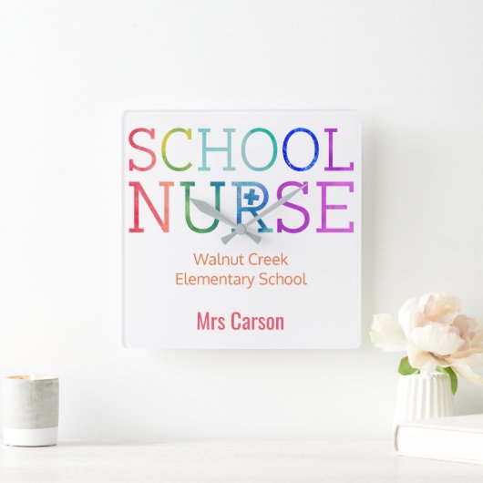学校ナースカラフルパーソナライズされた学校 スクエア壁時計 (ホーム)