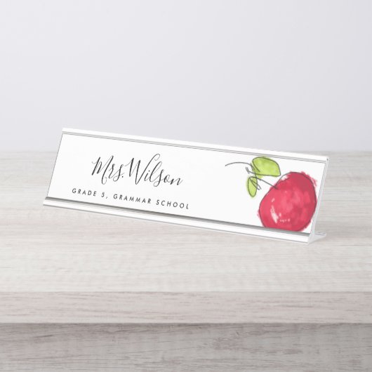 学校モダン先生油絵を描手描きリンゴ デスクネームプレート (正面)