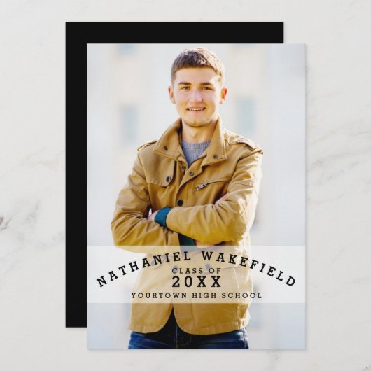 学校代表の卒業生|の黒い文字の写真の卒業パーティー 招待状 (正面/裏面)