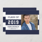 学校代表レタリングのストライプな卒業生の写真の発表 案内状 (正面/裏面)