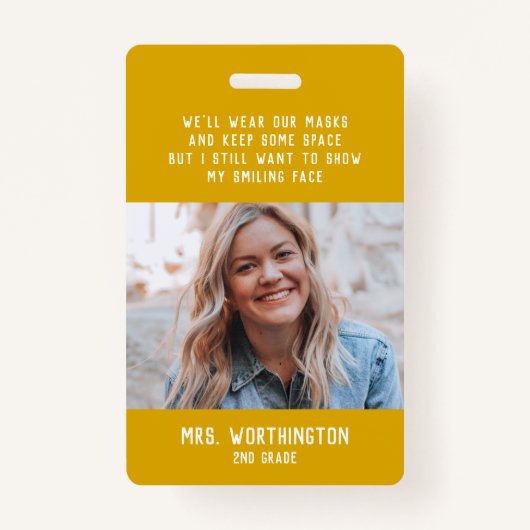 学校先生のかわいい黄色い写真の名前 バッジ (正面)