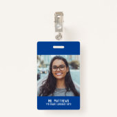 学校先生の写真と名前blue バッジ (裏面クリップ)