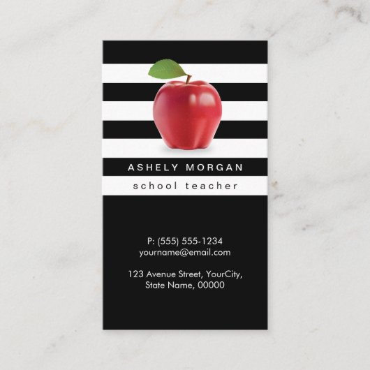 学校先生アップルエレガント白黒ストライプ 名刺 (正面)