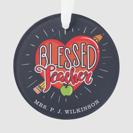 学校先生ハートペンシルアップルカスタム オーナメント (正面)