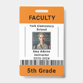 学校先生IDバッジテンプレート付き/バーコードオレンジ バッジ