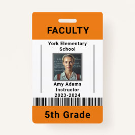 学校先生IDバッジテンプレート付き/バーコードオレンジ バッジ
