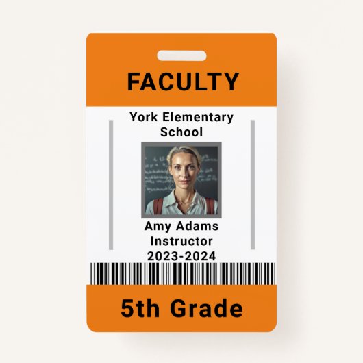 学校先生IDバッジテンプレート付き/バーコードオレンジ バッジ (正面)
