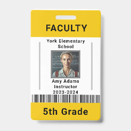 学校先生IDバッジテンプレート付/バーコードイエロー バッジ