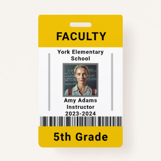 学校先生IDバッジテンプレート付/バーコードイエロー バッジ