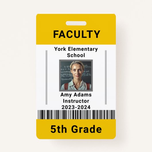 学校先生IDバッジテンプレート付/バーコードイエロー バッジ (正面)