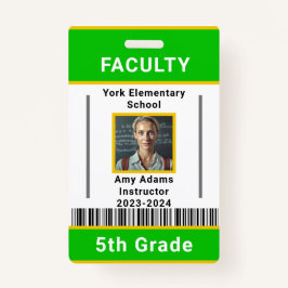 学校先生IDバッジテンプレート付/バーコードグリーン バッジ