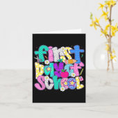 学校初日の幸せなプレッピー教師子供たちバック カード (黄色い花)