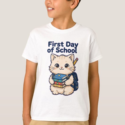 学校初日の猫 - かわいい子猫 Tシャツ (正面)