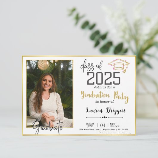 学校卒業写真2024黒金ゴールド 招待状 (スタンド正面)