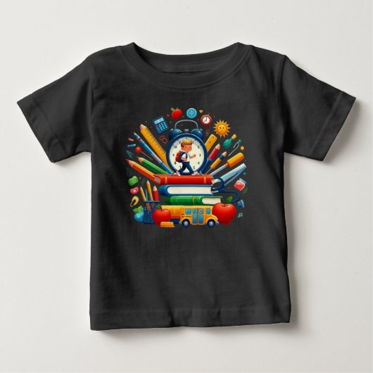 学校準備万端: ダイナミックな新学期必須アイテム ベビーTシャツ (正面)