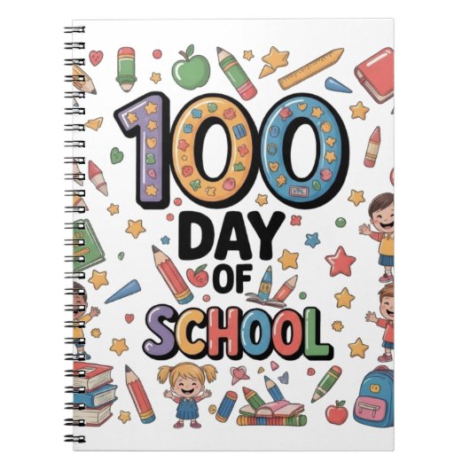 学校生活100日目の楽しいTシャツ | カラフルな子供たちと ノートブック (正面)