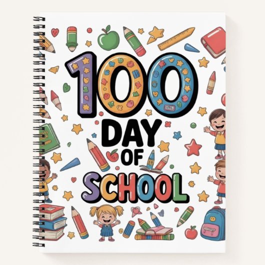 学校生活100日目の楽しいTシャツ | カラフルな子供用 ノートブック (正面)
