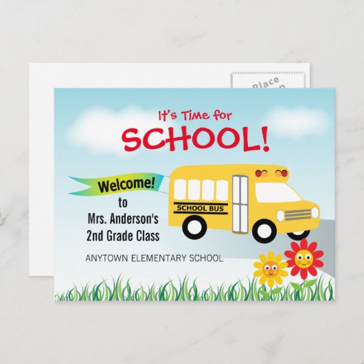 学校行きの時間だ新学期バス ポストカード (正面/裏面)