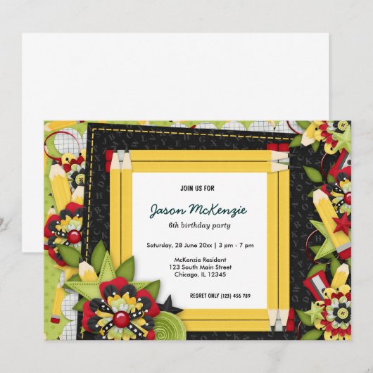 学校誕生日テーマ 招待状 (正面/裏面)