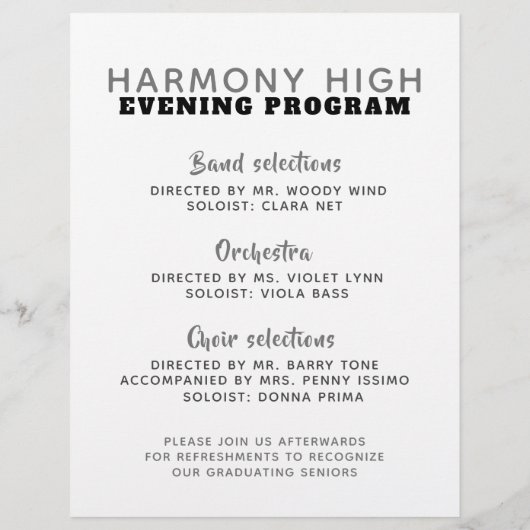 学校音楽コンサートフライヤーとプログラム チラシ (裏面)