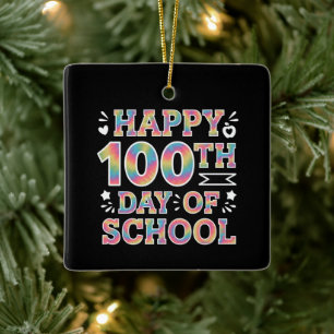 学校100日目のハッピータイダイ レインボー セラミックオーナメント