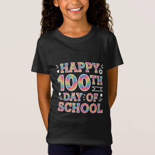 学校100日目のハッピータイダイ レインボー 100日おめでとう Tシャツ (正面)