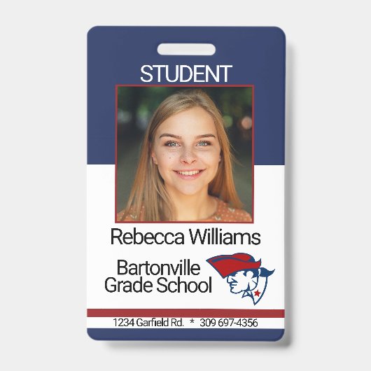 学校/従業員フォトバッジ – 赤と青 バッジ (正面)