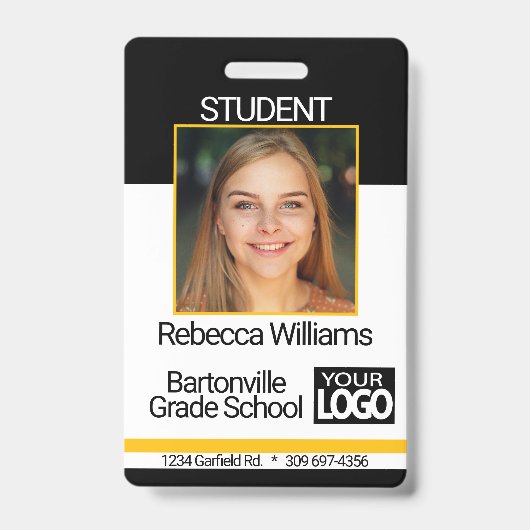 学校/従業員フォトバッジ – 黒と金ゴールド バッジ (Front)