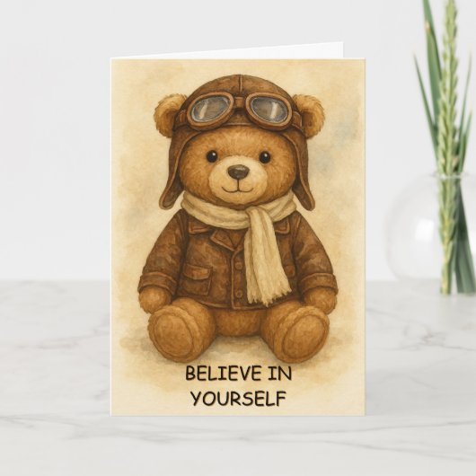 学生パイロットファーストソロ飛行機&テディベア カード (正面)