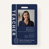 学生/モダン先生ネイビーブルーフォトスクールロゴ バッジ (正面)