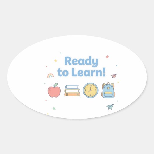 学習準備万端 – かわいい学校アイテムステッカー オーバル 楕円形シール (正面)