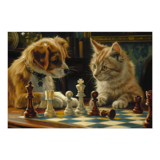 学者の態度 | 犬と猫遊のチェス ポスター (正面)