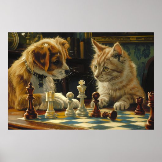 学者の態度 | 犬と猫遊のチェス ポスター (正面)