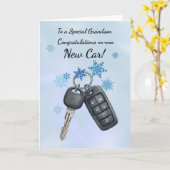 孫おめでとう新車の冬の雪片 カード (黄色い花)