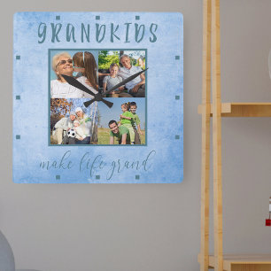 孫が人生をグランド4フォトブルーウォーターカラーに スクエア壁時計