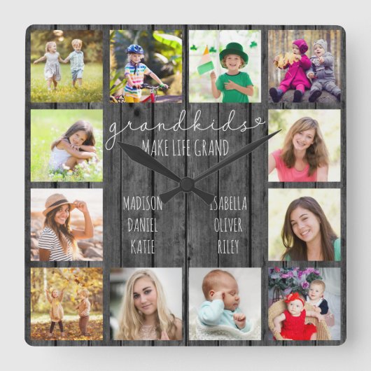 孫が生き生きとした引用文12フォトグレーウッド スクエア壁時計 (正面)