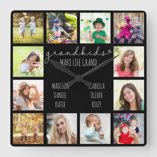 孫が生き生きとした引用文12フォトブラック スクエア壁時計 (正面)