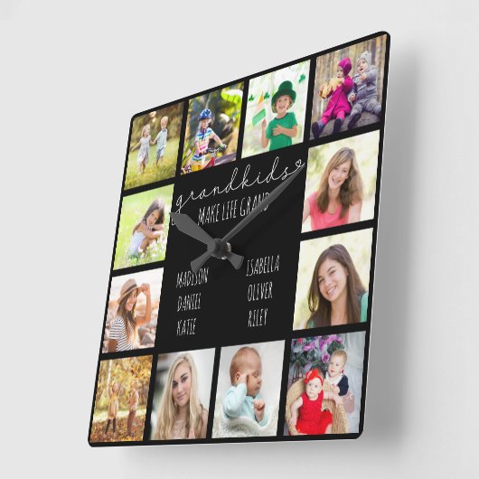 孫が生き生きとした引用文12フォトブラック スクエア壁時計 (傾斜)