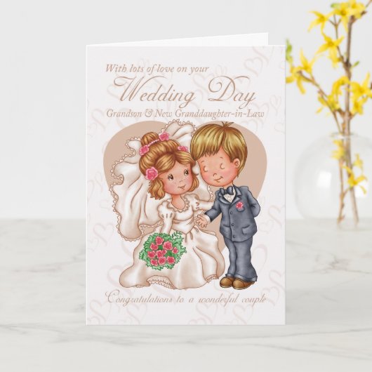孫と新しい孫娘の結婚式の日Ca カード (黄色い花)