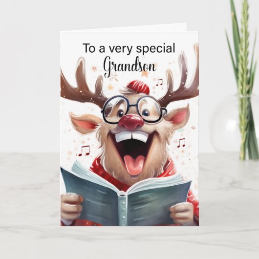 孫のおもしろいクリスマスのトナカイ歌 サンキューカード (正面)