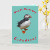 孫のかわいいパフィン誕生日カード カード (黄色い花)