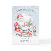 孫のためのクリスマスカード　サンタと小人の雪景色