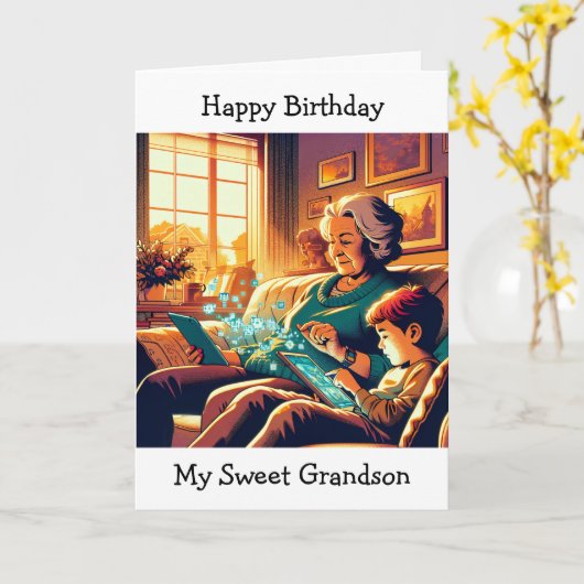 孫のためのビデオゲームをテーマにした誕生日 カード (黄色い花)