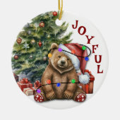 孫のクリスマスライトに茶色のクマ セラミックオーナメント (正面)