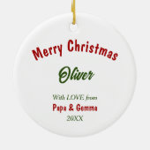 孫のクリスマスライトに茶色のクマ セラミックオーナメント (裏面)