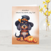 孫のハロウィン かわいい黒犬の帽子 カード (黄色い花)