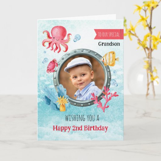 孫の写真誕生日グリーティ航海のングカード カード (黄色い花)