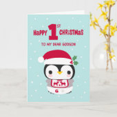 孫の初めてのクリスマス　ペンギンの赤ちゃん カード (黄色い花)