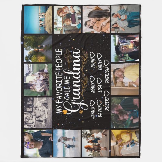 孫の名前と14の写真を持つおばあちゃん フリースブランケット (正面)