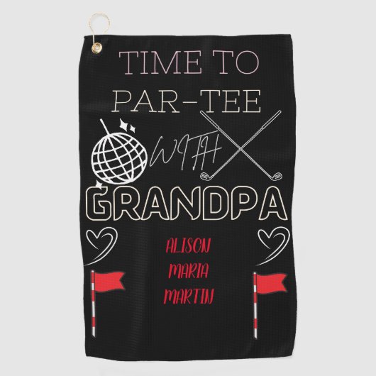 孫の名前のおじいちゃんのブラックゴルフタオル ゴルフタオル (正面)